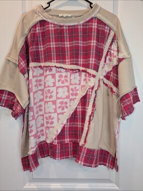 Oli & Hali Patchwork Boho Oversized Top Large Pink Plaid Floral Mixed Media